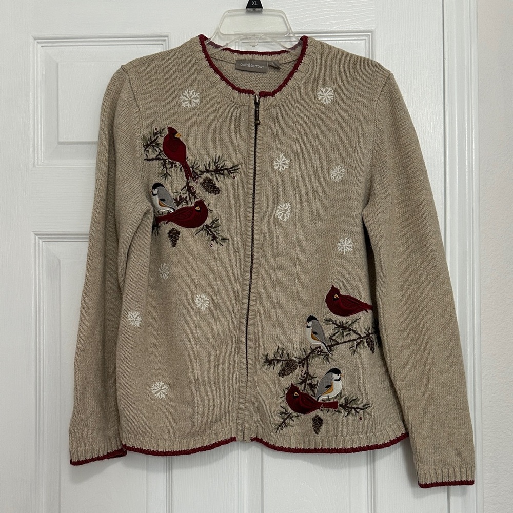 Croft & Barrow Tan Sweater with Snowflakes and Cardinal Bird Design